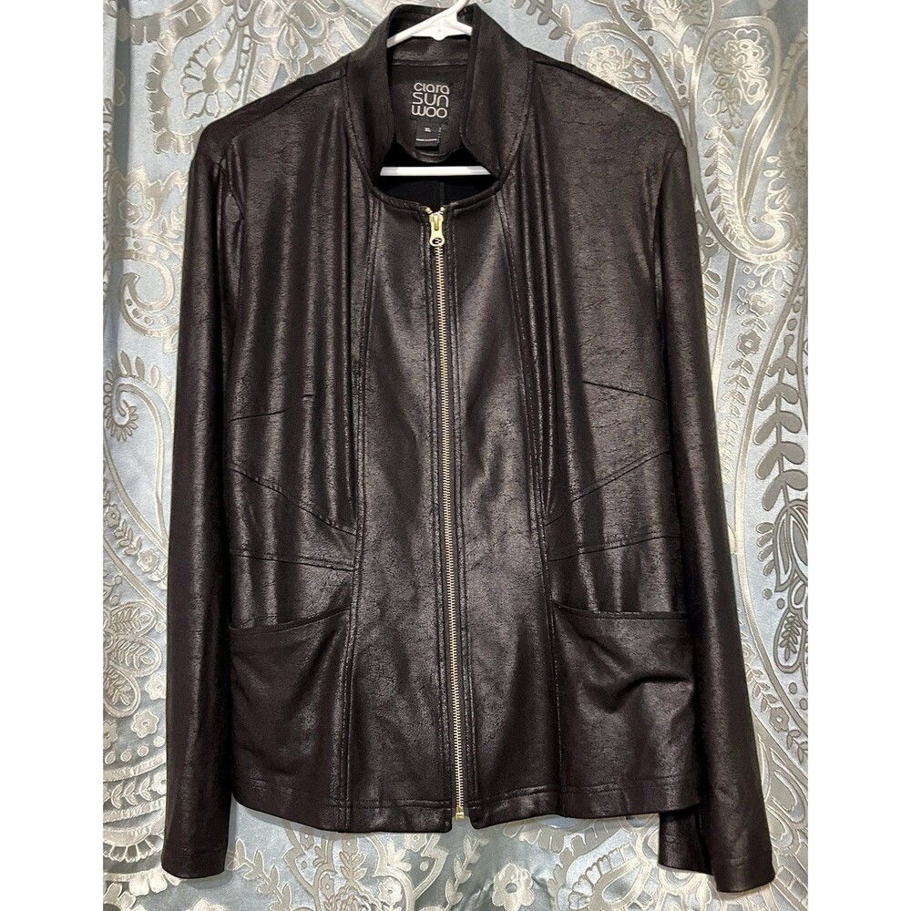 Clara Sun Woo Liquid Leather Jacket Black SzXL Double Pockets Gold Zipper
